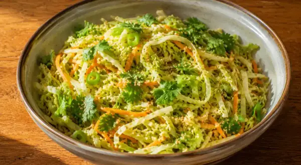 En skål med fräsch asiatisk kålsallad med strimlad kål, morötter, koriander och sesamfrön.