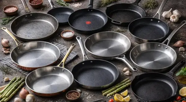 En samling stekpannor, redo för att steka med solrosolja. Ingredienser som sparris, vitlök och citron ligger utspridda.