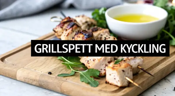 Grillspett med kyckling, saftiga och perfekt grillade, serveras på en träbricka med en skål med olja. En smak av grekiska kycklingspett!