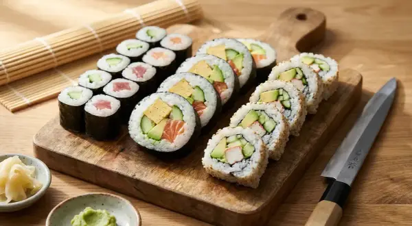 En vacker uppsättning av olika typer av sushi, med lax, tonfisk, gurka och avokado, serverad på en träskärbräda med ingefära och wasabi.