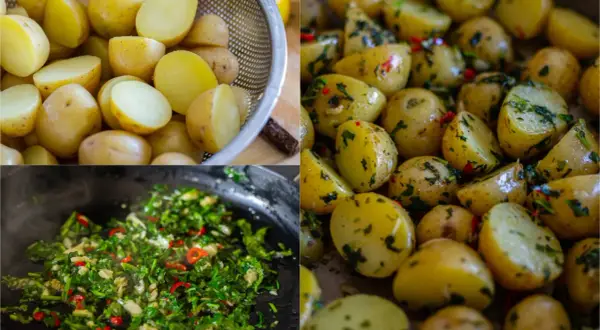 Små, delade potatisar blandas med en kryddig örtblandning. En härlig batata harra som väntar på att serveras.