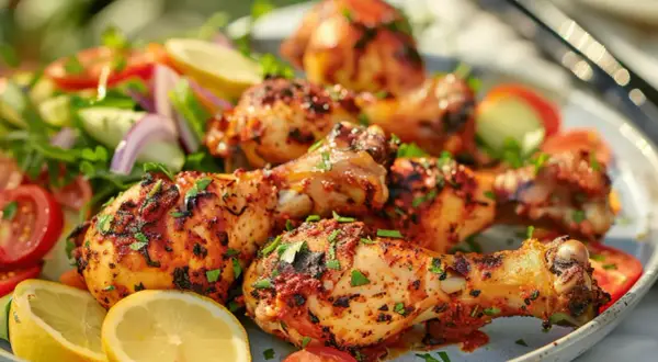 Grillade kycklingklubbor med en fräsch sallad och citronklyftor. Ett perfekt kycklingklubbor recept för sommaren!