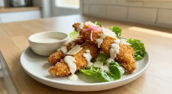 Krispiga panko kycklingstrimlor serveras på en bädd av sallad med parmesan och en krämig dressing. En liten skål med dressing står bredvid.