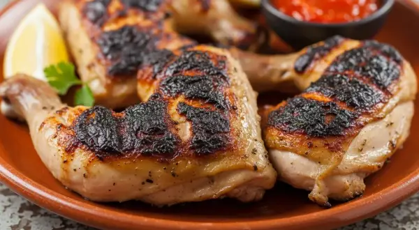 Grillad kyckling med krispig skinn, serverad med citronklyftor och en skål med het piri piri-sås. Perfekt för ett smakrikt piri piri recept!