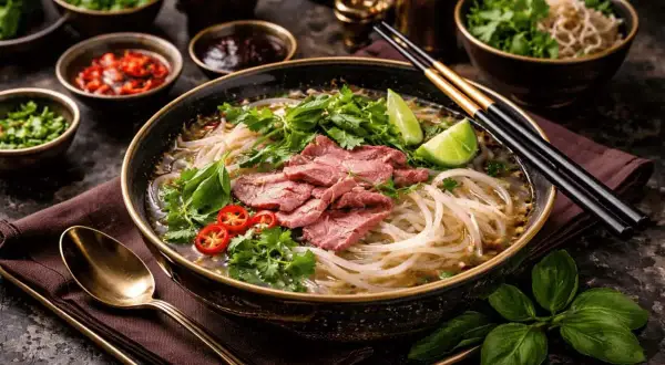 En skål med pho recept, fylld med nudlar, tunt skivat kött, färska örter, chili och lime. En aptitretande vietnamesisk rätt.