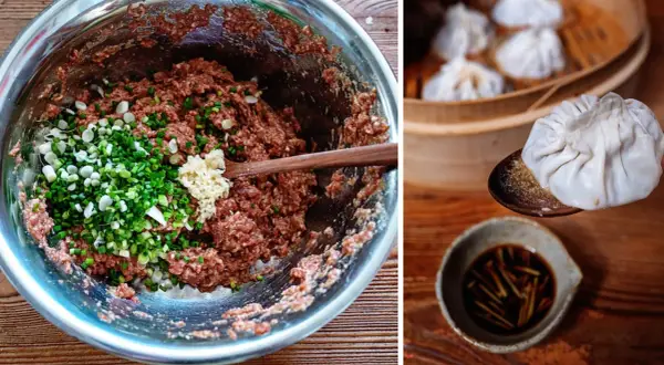 Färs med vårlök och vitlök för dumplings. En ångad dumpling på en sked över en skål med dumpling sås.