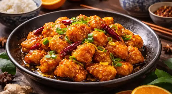 Krispiga kycklingbitar i en glansig apelsinsås, garnerade med chili och salladslök. Ett läckert orange chicken recept.