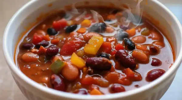Varm, ångande chili sin carne i en vit skål, fylld med bönor, tomater och paprika. En härlig vegetarisk rätt.