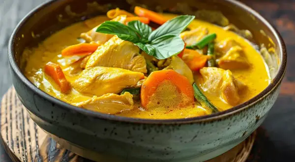 En skål med krämig gul curry med kyckling, morötter och gröna bönor, toppad med färsk basilika. En härlig rätt som doftar av exotiska kryddor.