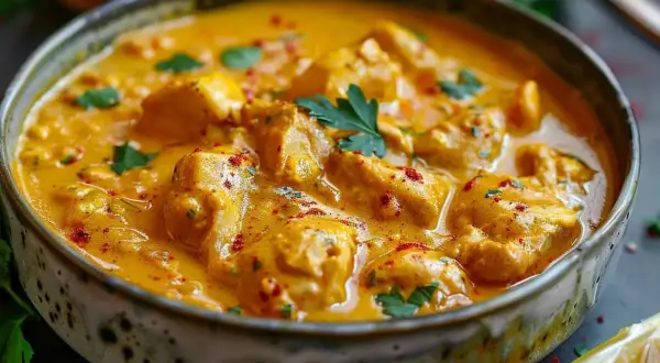 En krämig kycklingcurry i en skål, perfekt för ett snabbt currypasta recept. Garnerad med färsk persilja och en citronklyfta.