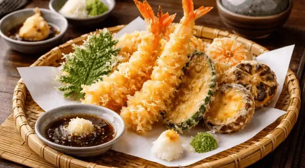 Krispig tempura med räkor, grönsaker och svamp, perfekt täckt av gyllene tempura smet. Serveras med dippsås och tillbehör.