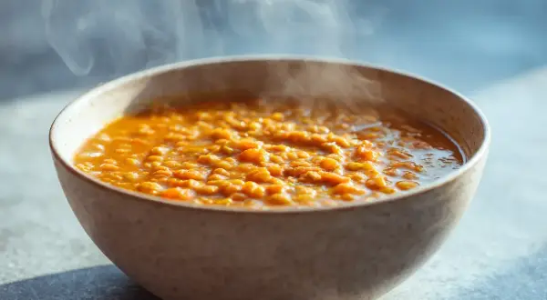 Varm, ångande linsgryta i en skål, perfekt för ett enkelt daal recept.