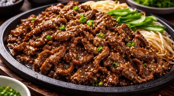 En stor portion saftigt, glaserat kött med sesamfrön och salladslök, serverat med nudlar och grönsaker. En härlig koreansk bbq-upplevelse.