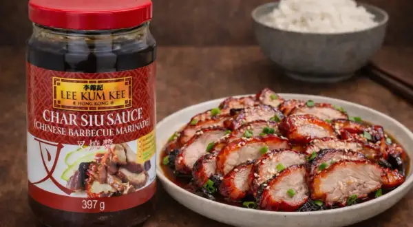 En burk Lee Kum Kee Char Siu Sauce, en enkel marinad, bredvid en tallrik med skivat grillat fläsk och en skål ris.
