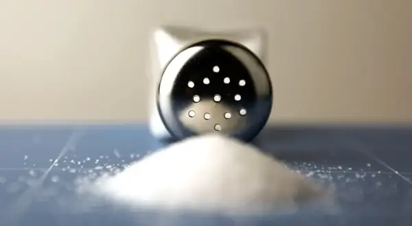 En saltkvarn med en hög av salt framför. Kanske dags att neutralisera saltet i maten?