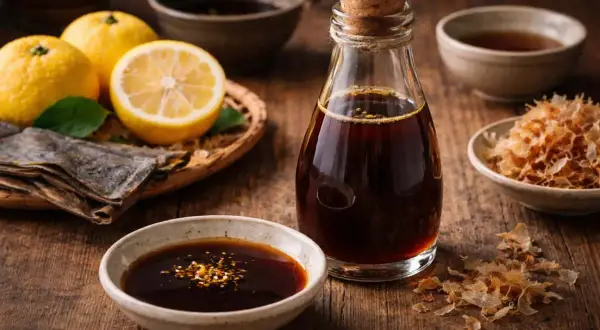 En flaska med mörk ponzu sås står bredvid en skål med samma sås, omgiven av citroner, torkad kelp och bonito-flingor.