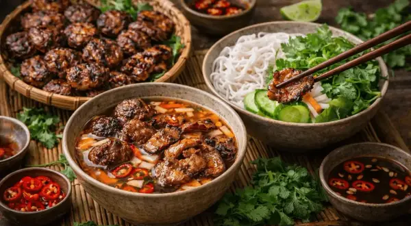 En skål med bun cha, grillat fläskkött i buljong, risnudlar, färska örter och chili.