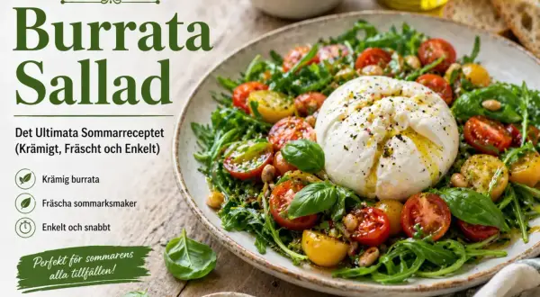 En krämig burrata sallad med körsbärstomater, ruccola och basilika. Ett perfekt sommarrecept!