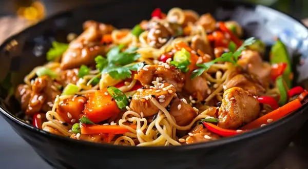 En närbild av en skål med kycklingwok med nudlar, toppad med sesamfrön och färska örter.