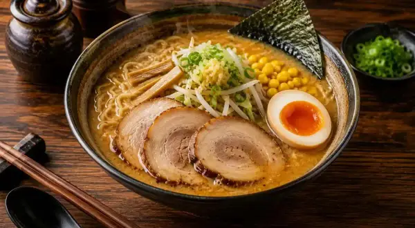En ångande skål med ramen soppa, fylld med nudlar, fläsk, ägg, majs och grönsaker.
