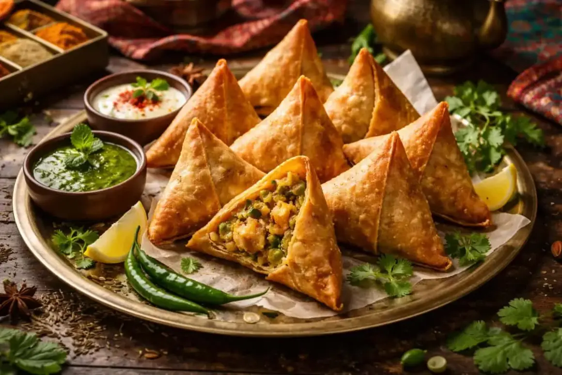 En bricka med gyllene, fyllda samosas. Serveras med grön chutney, yoghurt och citronklyftor. Perfekt för ett samosa recept.