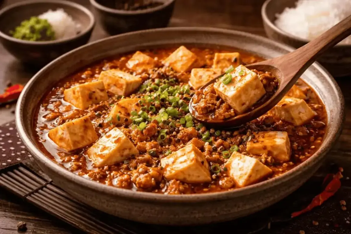 En skål med mustig asiatisk sås med tofu och köttfärs, toppad med salladslök. En träsked lyfter upp en bit tofu.