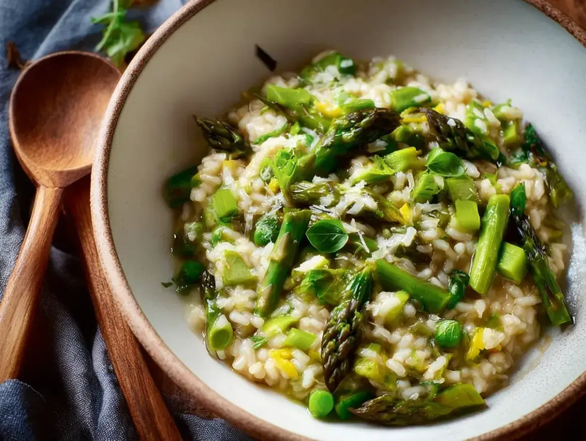Krämig risotto med sparris och gröna ärtor, perfekt för ett lätt lunchrecept.