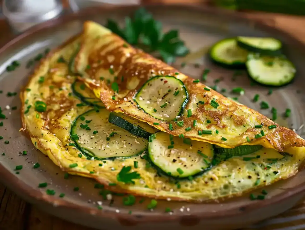 En gyllene omelett fylld med skivad zucchini, toppad med gräslök och persilja. Ett perfekt zucchini recept för en snabb och god måltid.