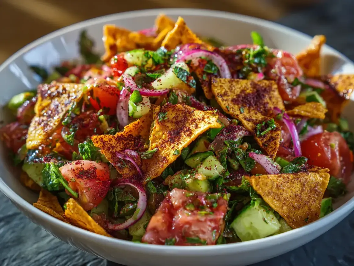 En härlig fattoush sallad med krispiga pitabröd, tomater, gurka, rödlök och färska örter, strödd med sumak.