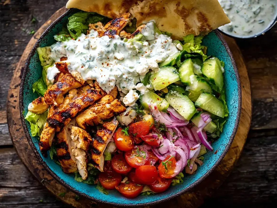 En härlig grekisk bowl med grillad kyckling, krispig sallad, tomater, gurka, rödlök, fetaost och en krämig sås.