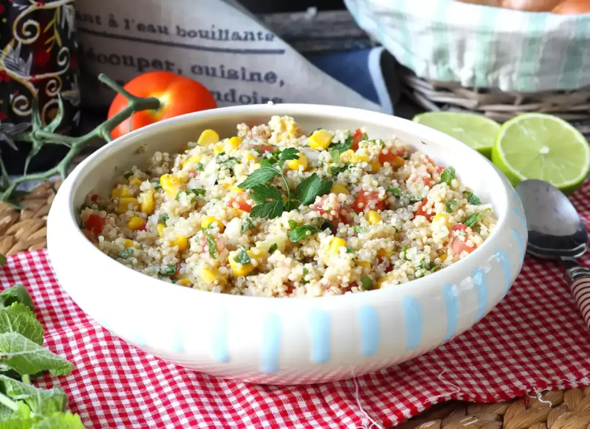 En skål med färgglad quinoa sallad med majs, tomat och persilja, garnerad med limeklyftor.