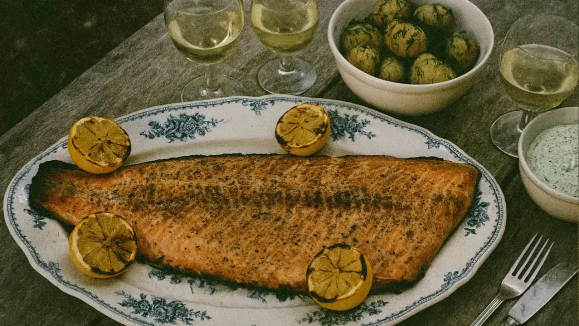 En stor grillad laxsida med citronklyftor på ett vackert fat. Serveras med dillpotatis, vit sås och vitt vin.