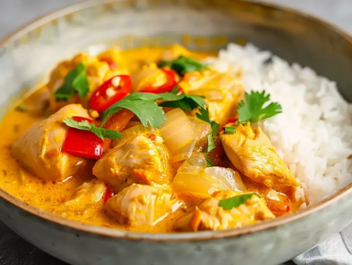 Enkel kyckling curry med ris, röd chili och koriander. Ett perfekt kyckling recept enkelt för en snabb middag.