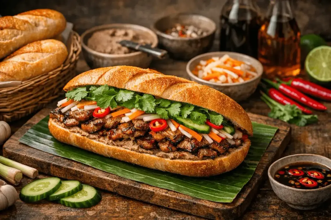 En saftig banh mi med grillat kött, färska grönsaker och koriander, serverad på en bananlöv.