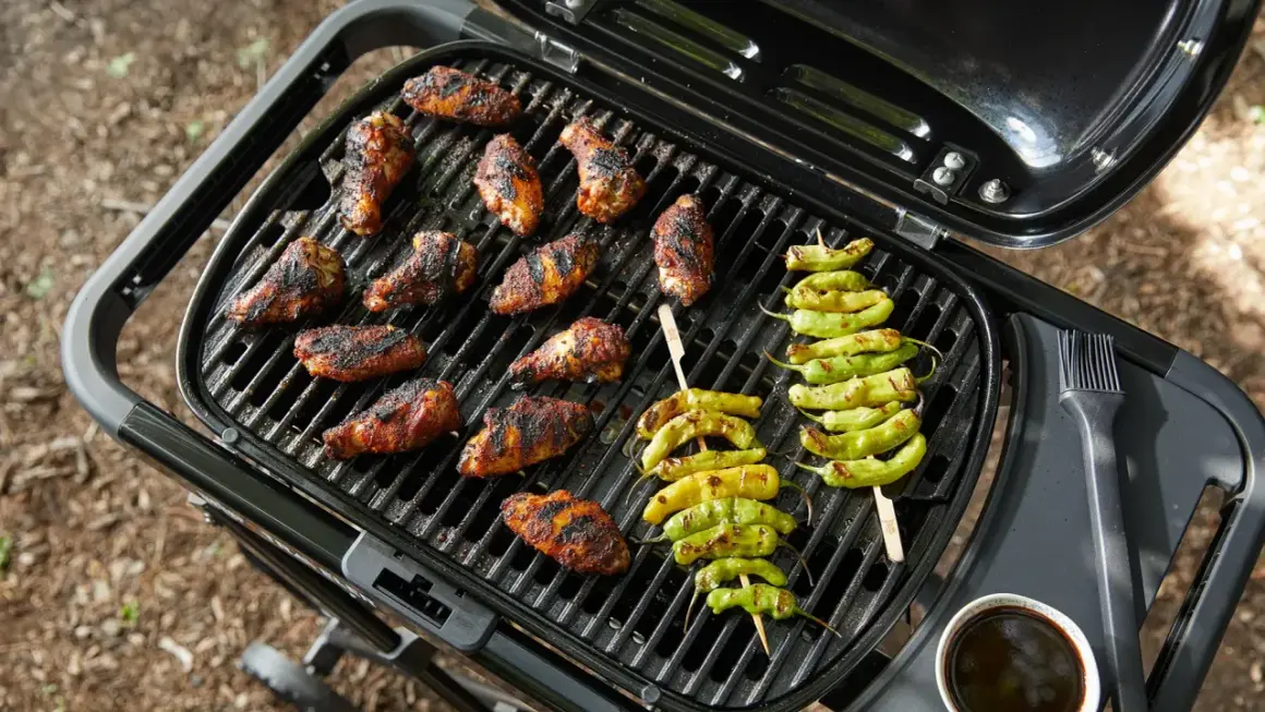 Grillens dag firas med saftiga kycklingvingar och grillade paprikor på en portabel grill.