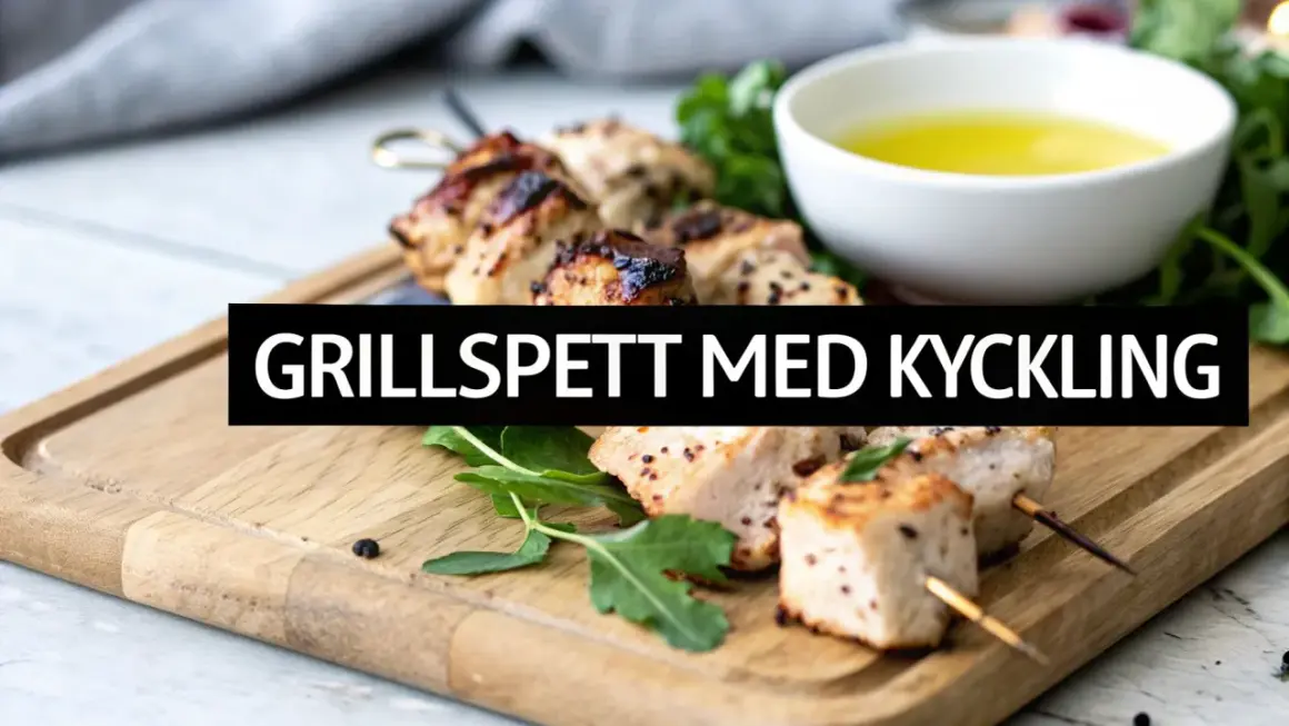 Grillspett med kyckling, saftiga och perfekt grillade, serveras på en träbricka med en skål med olja. En smak av grekiska kycklingspett!