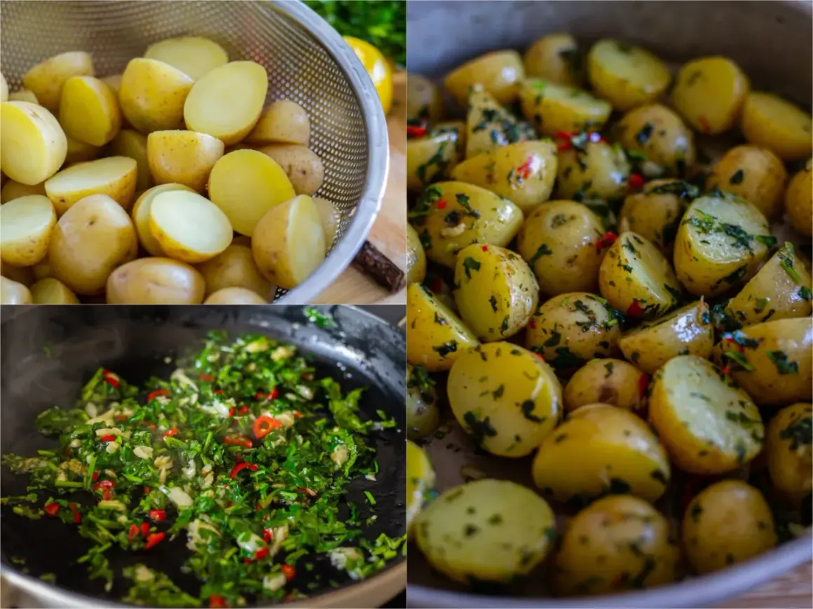 Små, delade potatisar blandas med en kryddig örtblandning. En härlig batata harra som väntar på att serveras.