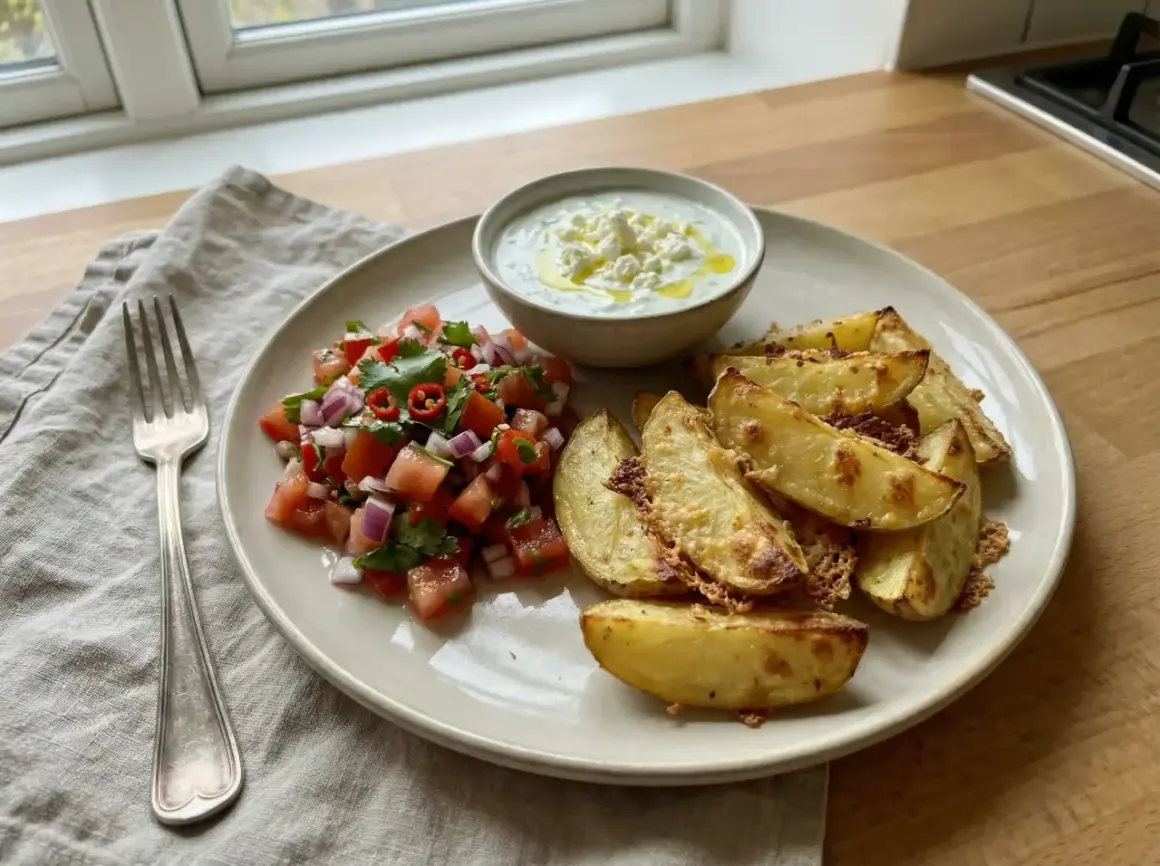En tallrik med ugnsrostad potatis, färsk tomatsalsa och en krämig dipp. Perfekt för en härlig grillkväll!
