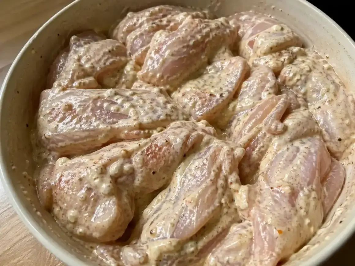 Råa kycklingbitar i en krämig marinad. Denna yoghurtmarinerade kyckling ser ut att bli fantastiskt god!