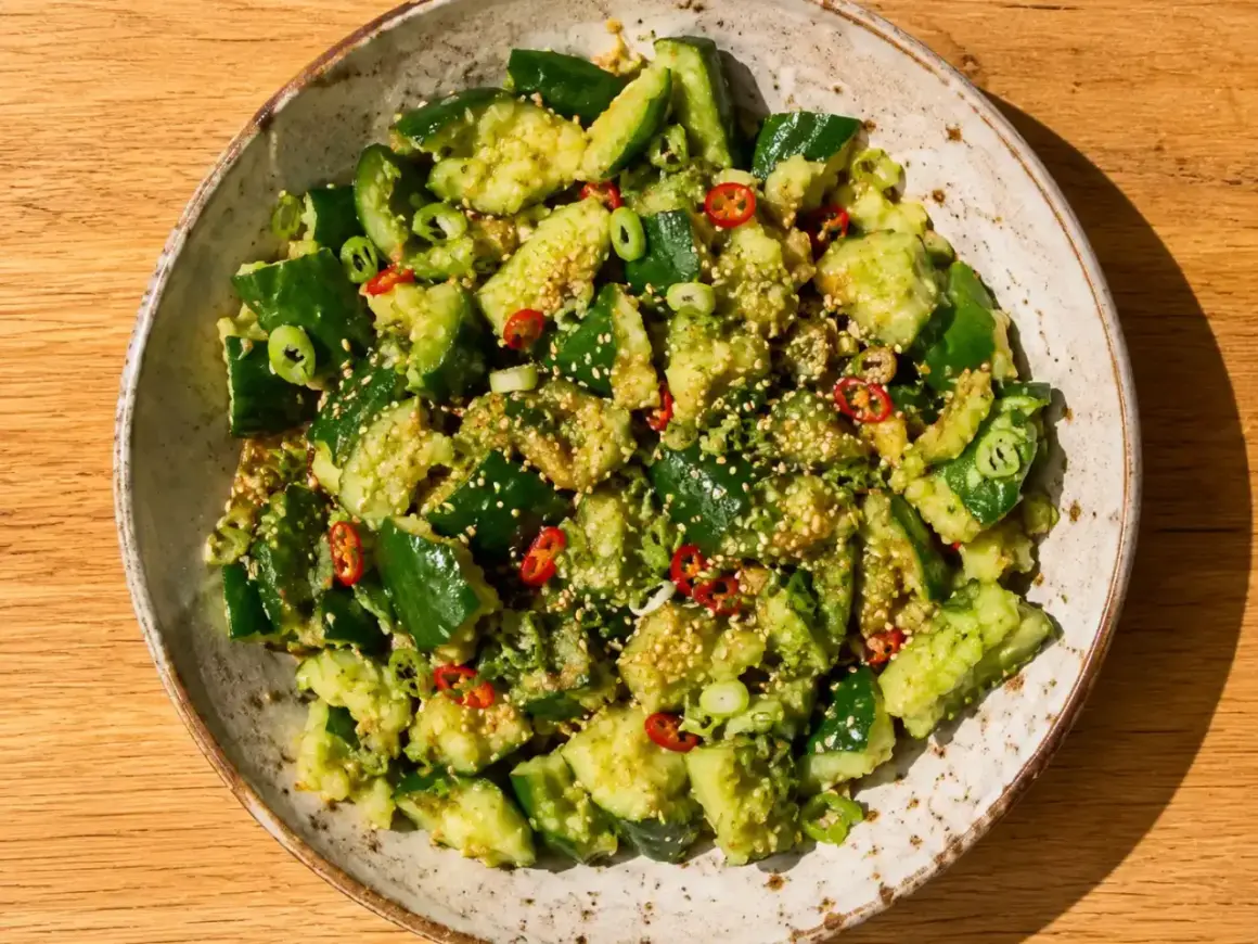 En skål med asiatisk gurksallad, toppad med sesamfrön, chili och salladslök.