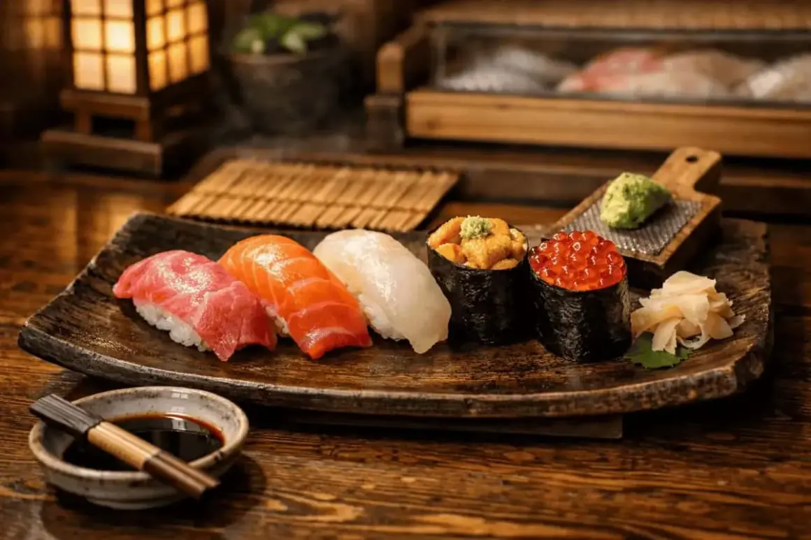 En vacker tallrik med olika sushi, inklusive nigiri med tonfisk och lax, samt gunkanmaki med havsborre och rom. Dessa risrätter ser utsökta ut.