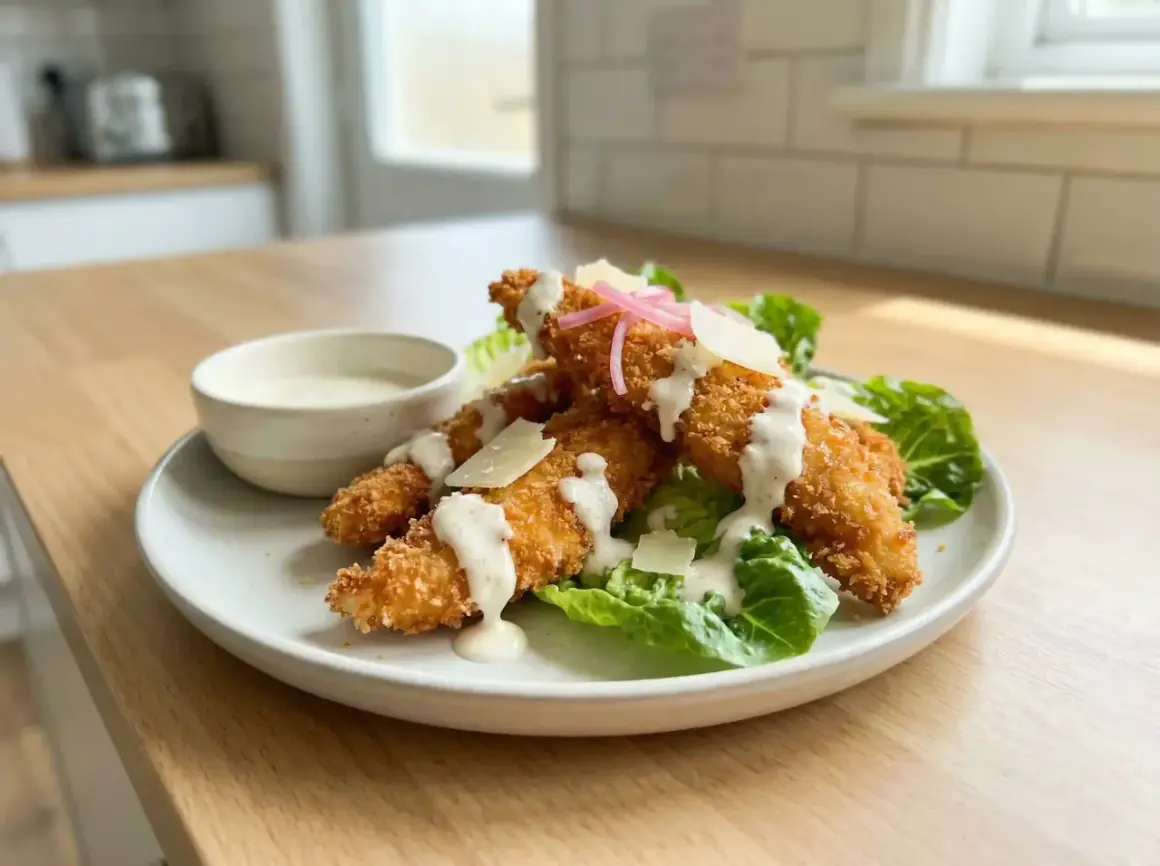 Krispiga panko kycklingstrimlor serveras på en bädd av sallad med parmesan och en krämig dressing. En liten skål med dressing står bredvid.