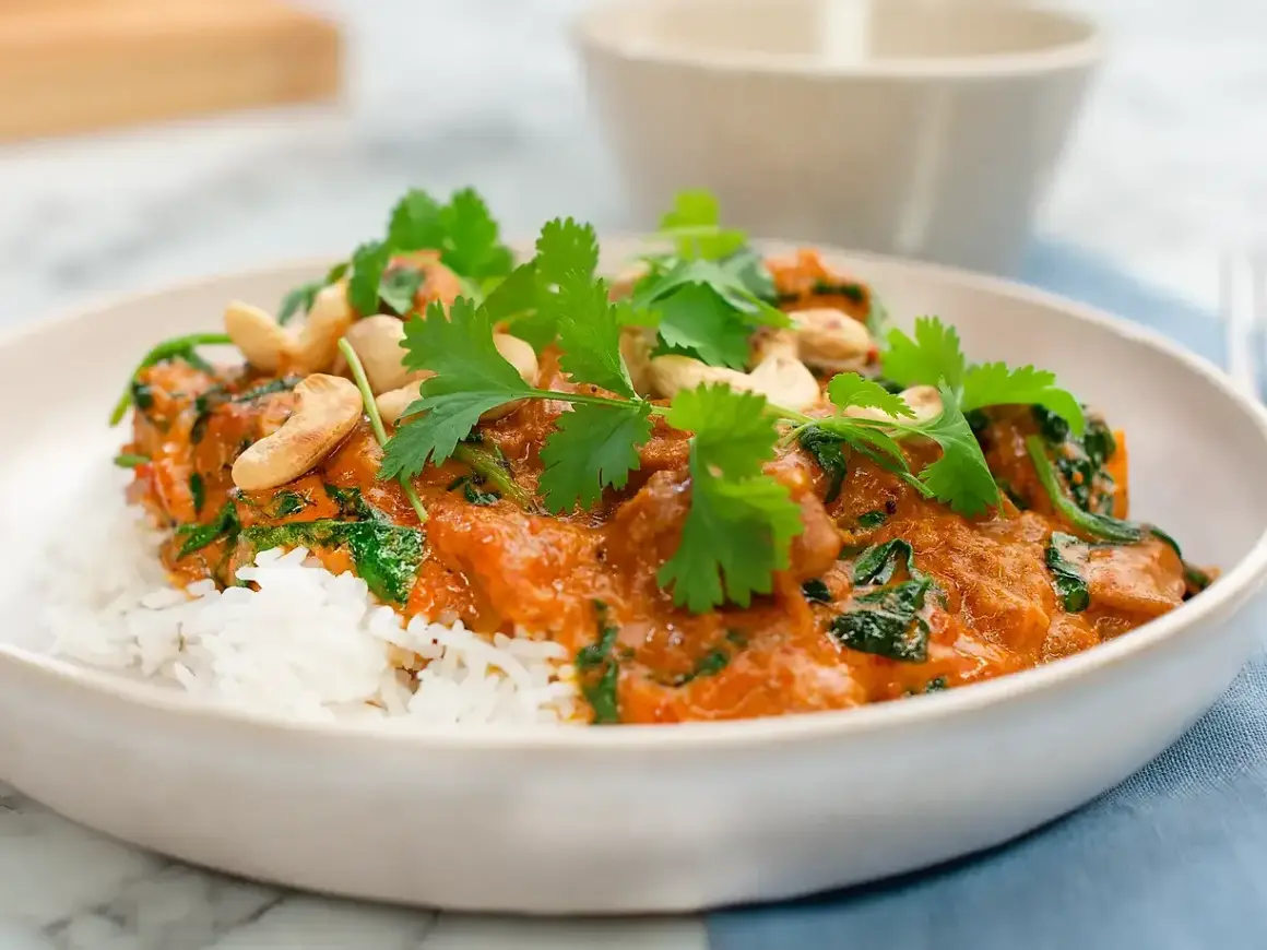 En krämig palak chicken med ris, toppad med cashewnötter och färsk koriander. En smakrik indisk rätt.