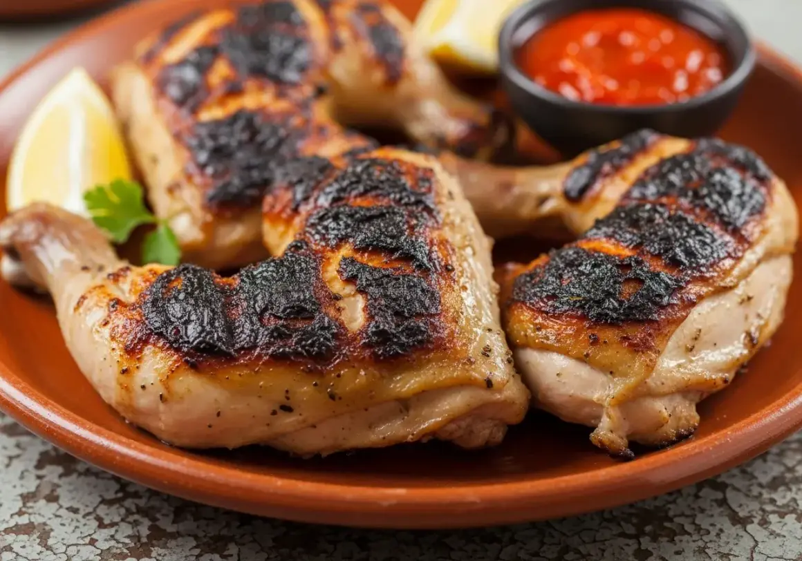 Grillad kyckling med krispig skinn, serverad med citronklyftor och en skål med het piri piri-sås. Perfekt för ett smakrikt piri piri recept!