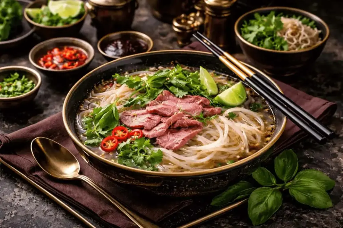 En skål med pho recept, fylld med nudlar, tunt skivat kött, färska örter, chili och lime. En aptitretande vietnamesisk rätt.