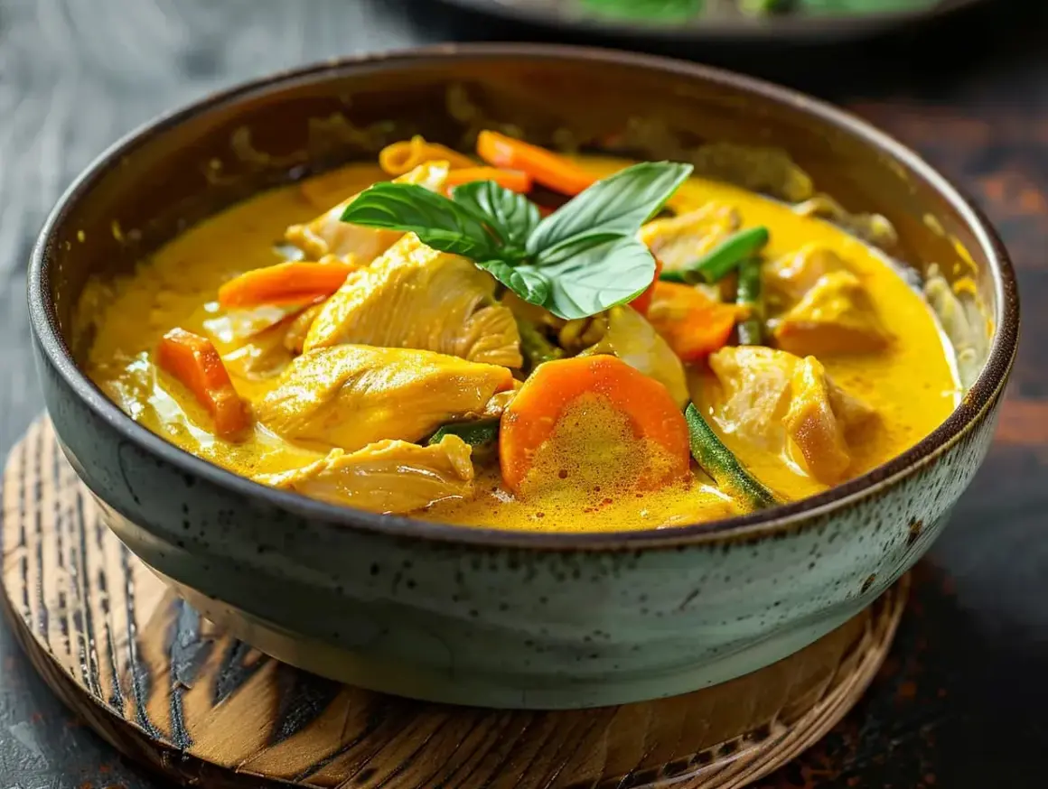 En skål med krämig gul curry med kyckling, morötter och gröna bönor, toppad med färsk basilika. En härlig rätt som doftar av exotiska kryddor.