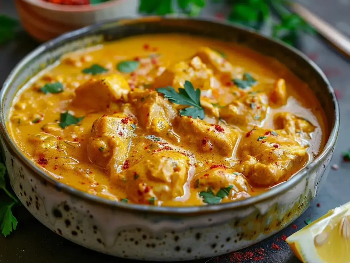 En krämig kycklingcurry i en skål, perfekt för ett snabbt currypasta recept. Garnerad med färsk persilja och en citronklyfta.