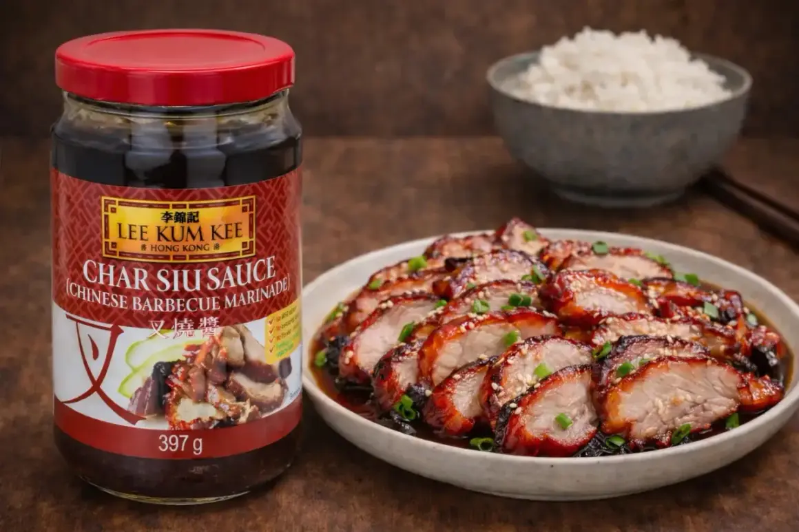 En burk Lee Kum Kee Char Siu Sauce, en enkel marinad, bredvid en tallrik med skivat grillat fläsk och en skål ris.