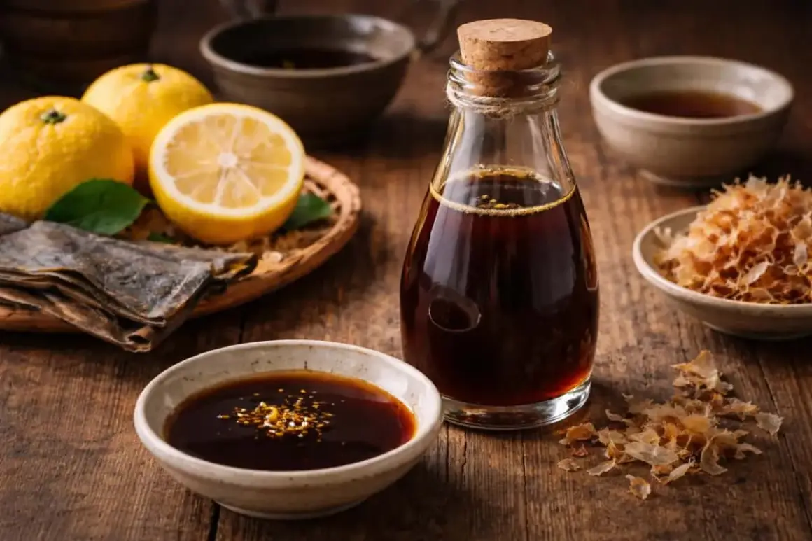 En flaska med mörk ponzu sås står bredvid en skål med samma sås, omgiven av citroner, torkad kelp och bonito-flingor.
