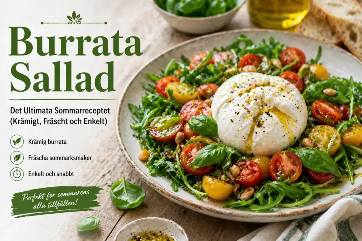 En krämig burrata sallad med körsbärstomater, ruccola och basilika. Ett perfekt sommarrecept!